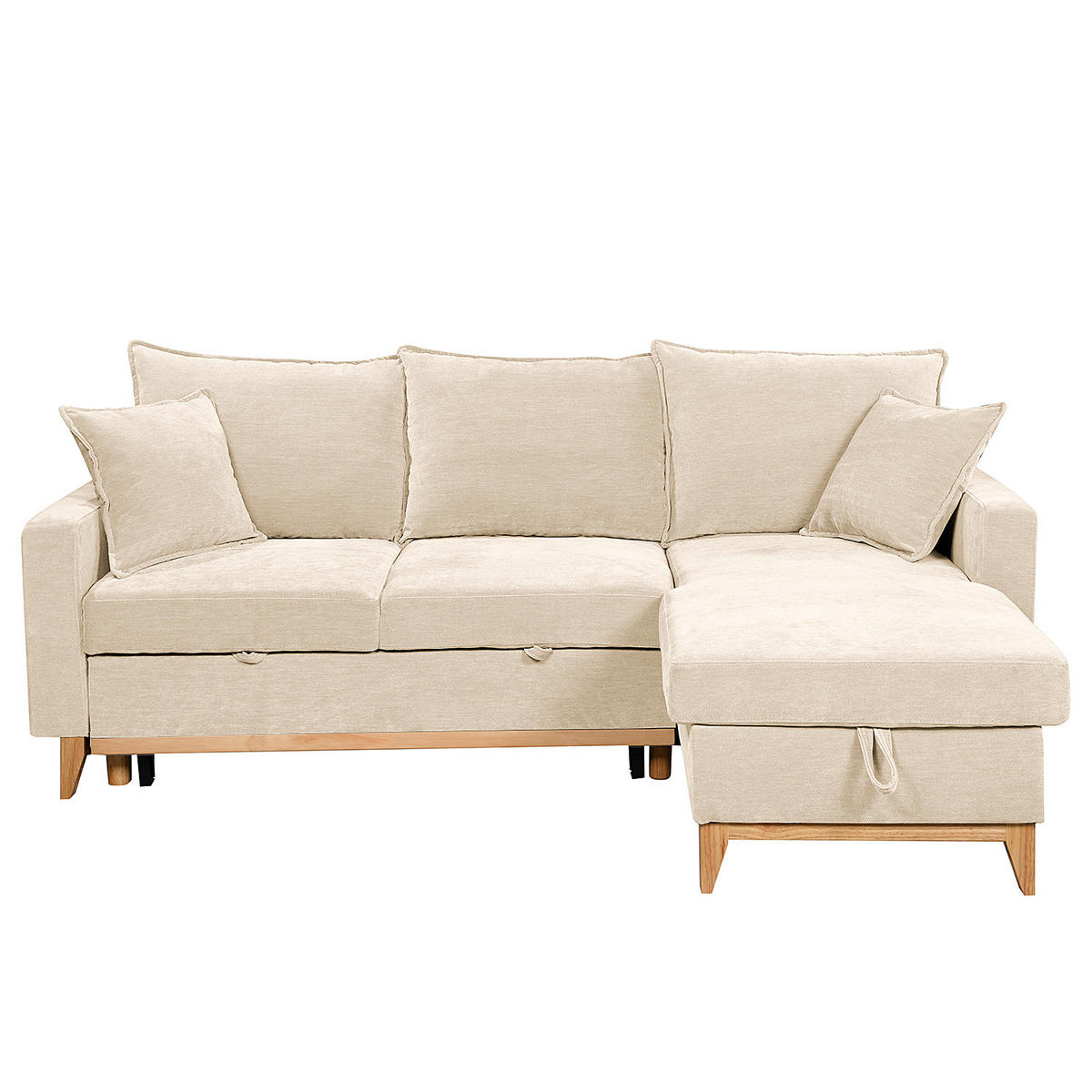 ECKSOFA mit Schlaffunktion - Flachgewebe - Hellbraun/Beige, Holz/Textil (214/145cm) - home24