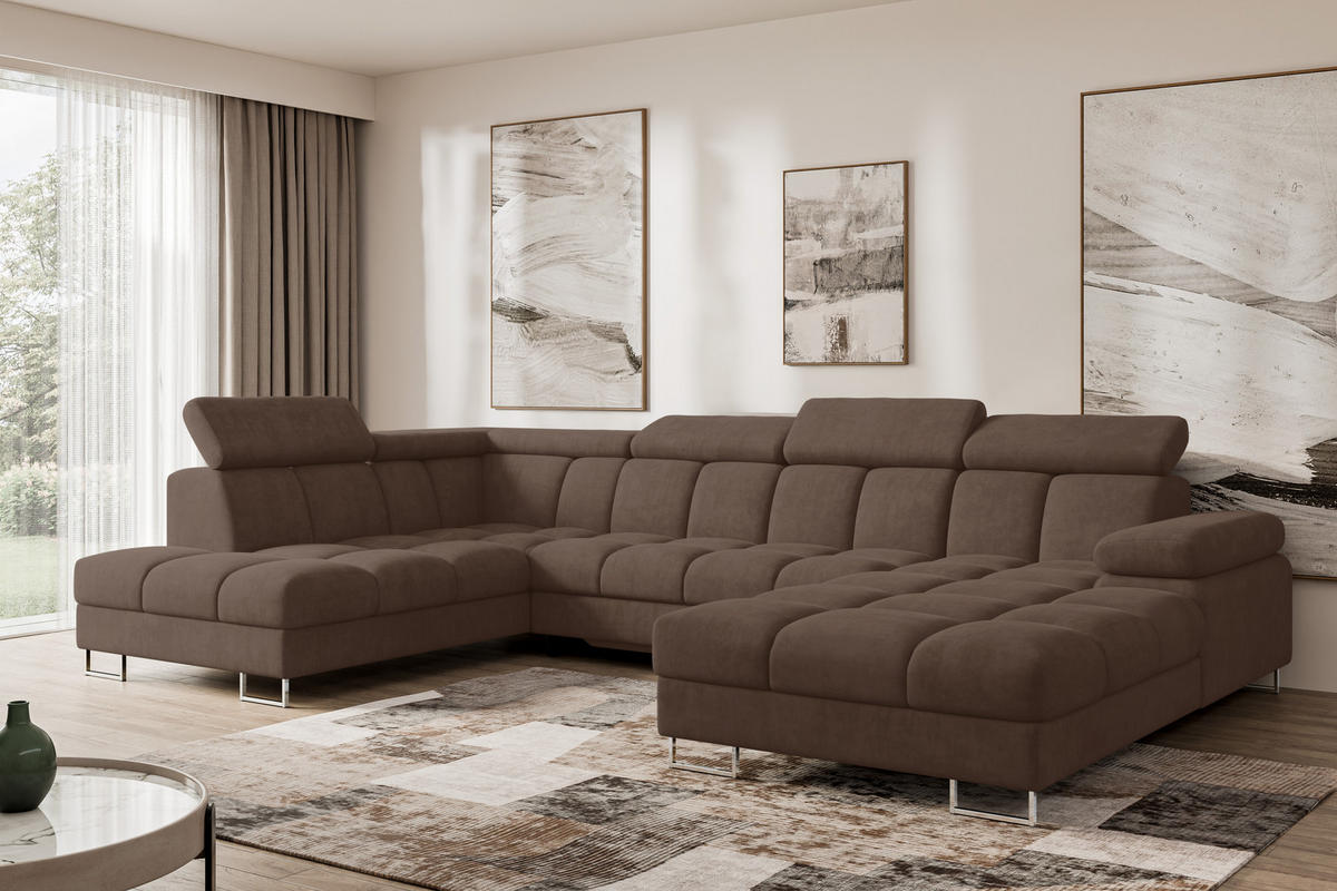 WOHNLANDSCHAFT mit Schlaffunktion und Bettkasten Ottomane Links COMA U 345x203x79 Braun Velours - Braun, Holzwerkstoff/Textil (345/79/203cm) - ALTDECOR