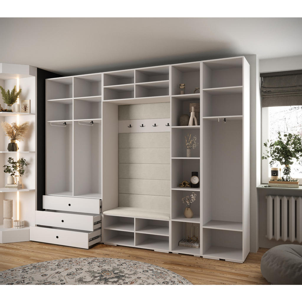 Thumbnail - Abiks Möbel Garderoben-Set, Weiß, Braun, Gold, Kunststoff, Nachbildung, 2-Sitzer, 13 Fächer, 290x236.7x47 cm, Garderobe,...