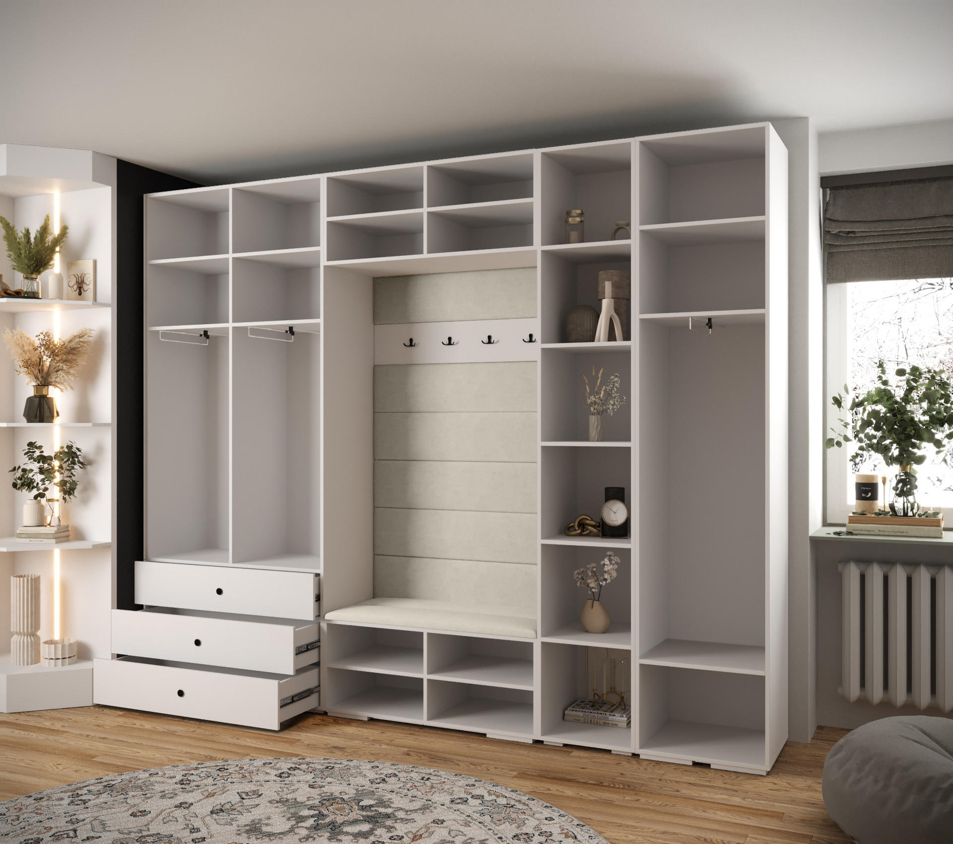 Thumbnail - Abiks Möbel Garderoben-Set, Weiß, Braun, Schwarz, Kunststoff, Nachbildung, 2-Sitzer, 13 Fächer, 290x236.7x47 cm, Gardero...