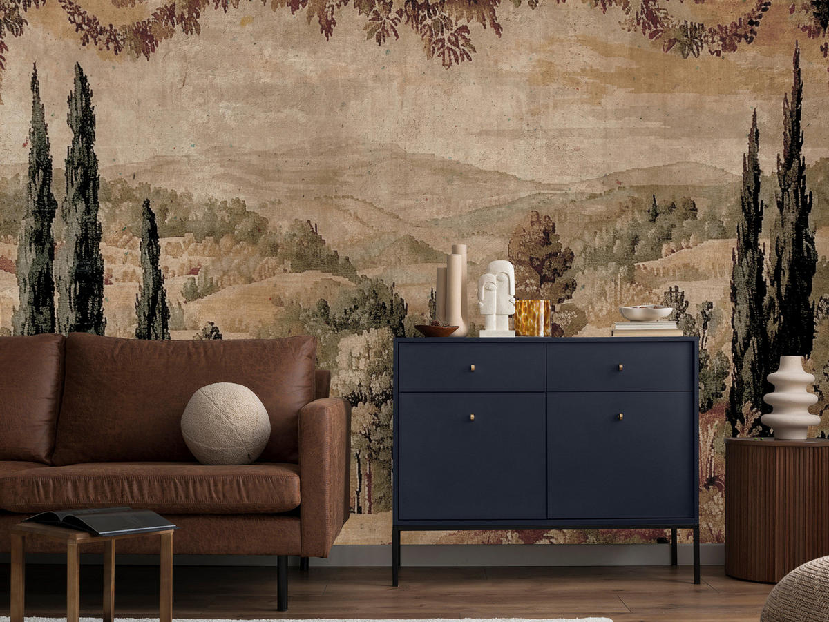 FOTOTAPETE für Wohnzimmer Landschaft Vintage Stil 300x210 - Beige/Orange, Papier (300/210cm) - Muralo