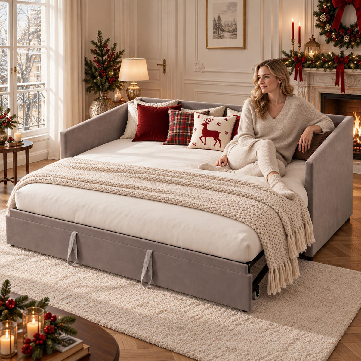 TAGESBETT 90/180/200 cm,Ausziehbar Schlafsofa,Grau,Polsterbett Samtstoff - Grau, Holz/Metall (180/200cm) - PARAFTA HOME