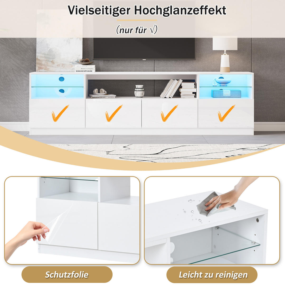 TV-SCHRANK LED Beleuchtung Hochglanz 4 Türen 8 Fächer 75 Zoll Weiß - Weiß, Holzwerkstoff (180/60/35cm) - FLIEKS