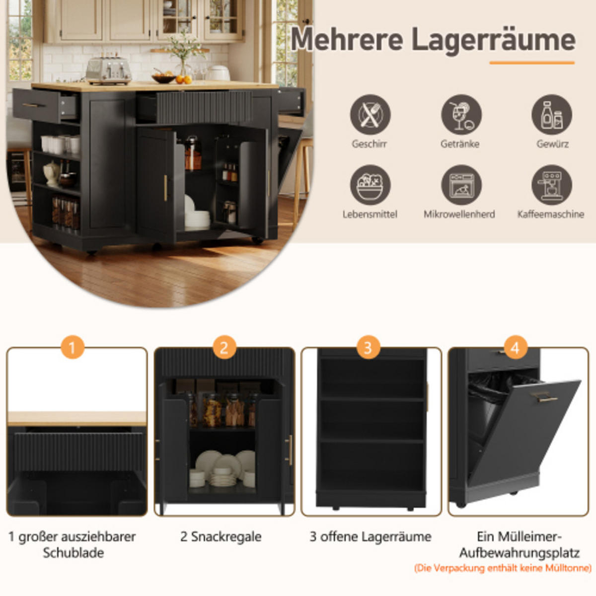 KÜCHENINSEL 120x50x92 cm aus MDF und Metall mit integriertem Mülleimer und 360° drehbaren Rollen, schwarz - Schwarz, Holzwerkstoff (120/92/50cm) - Luhomfu