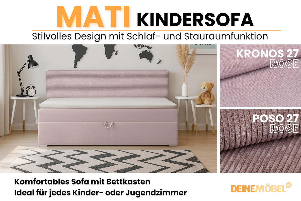 BOXBETT MATI 100/200 Rosa mit Taschen-Federkernmatratze H4 - Rosa, Holz/Holzwerkstoff (100/200cm) - Deine Möbel 24