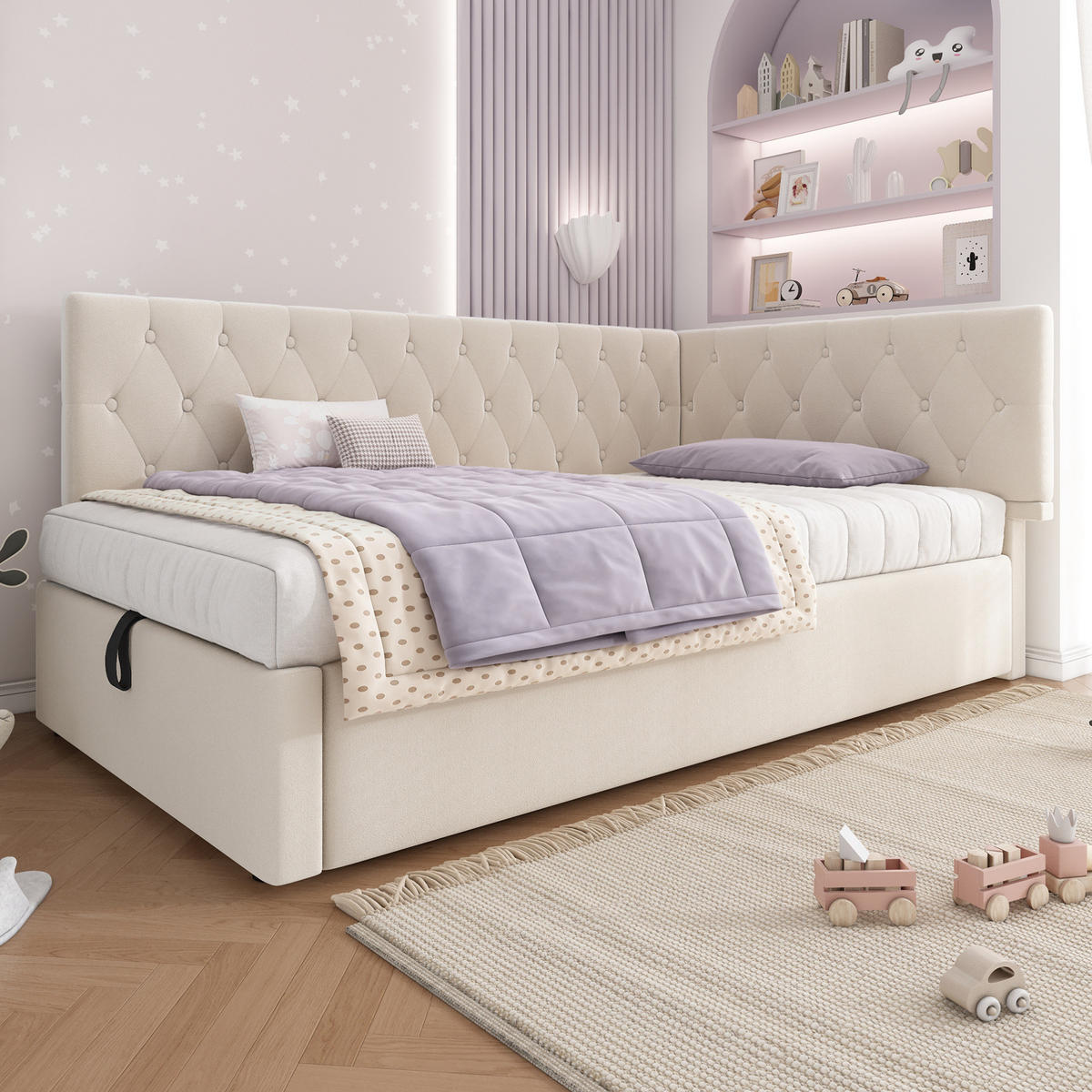 KINDERBETT Polsterbett 90/190 cm aus Samt mit hydraulischem Stauraum Beige - Beige, Textil (90/190cm) - Modenvie