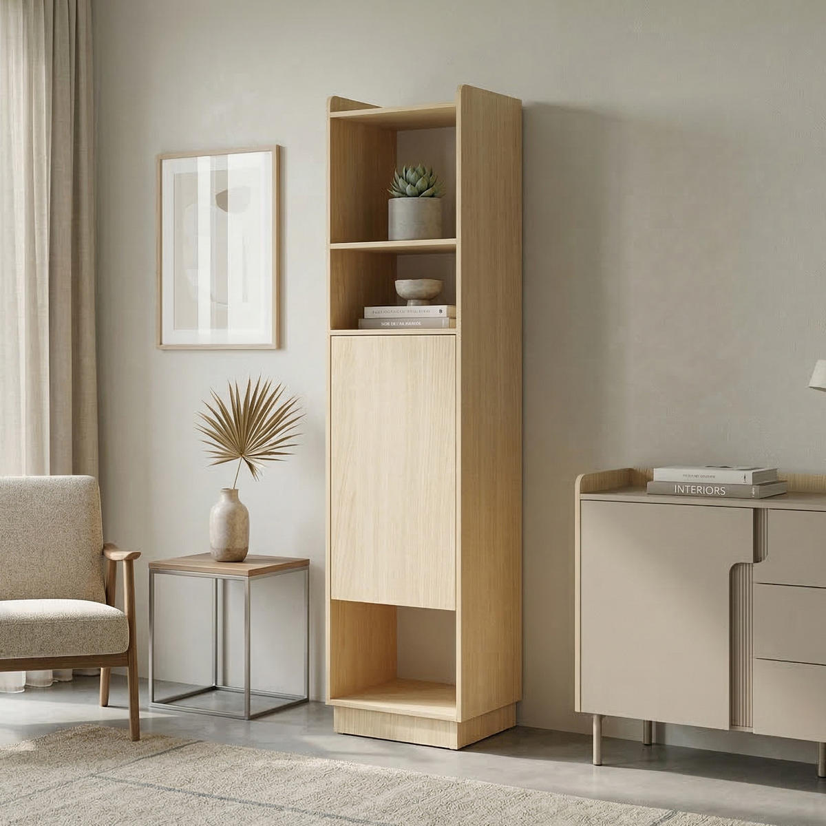 BÜCHERREGAL Positivo mit 1 Tür, 45 cm, Mavelie-Eiche + Macadamia - Eichefarben, Holzwerkstoff (45/195/42cm) - Beautysofa