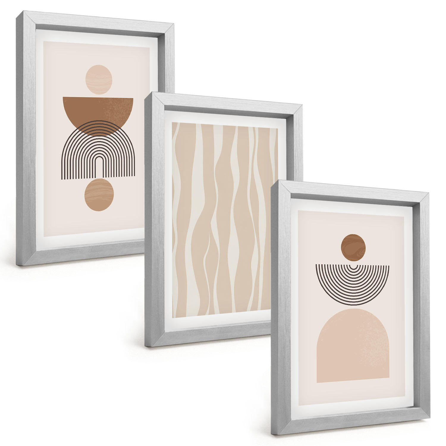 BILDER SET 3er Set - 20x30 cm Silberner Rahmen - Abstrakte Formen braun beige - Silberfarben, Kunststoff (20/30cm) - TULUP