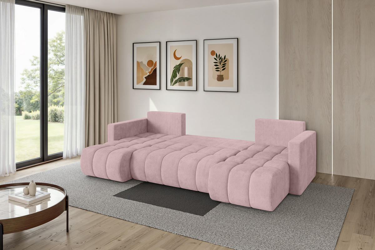 SEDACÍ SOUPRAVA DO U s funkcí spaní a úložným prostorem GARD-U 300x146x85 růžová manšestr - růžová/černá, kompozitní dřevo/textil (300/85/146cm) - ALTDECOR