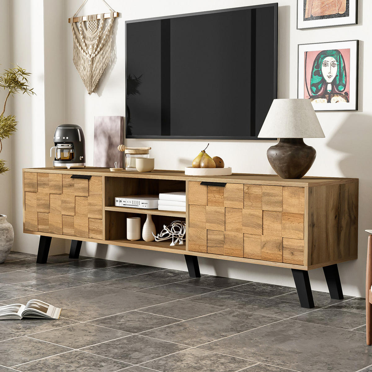 TV-SCHRANK 160x35cm Modern 2 Türen 2 offene Fächer Naturholz - Braun, Holz (43.8/10.5/188.5cm) - FLIEKS
