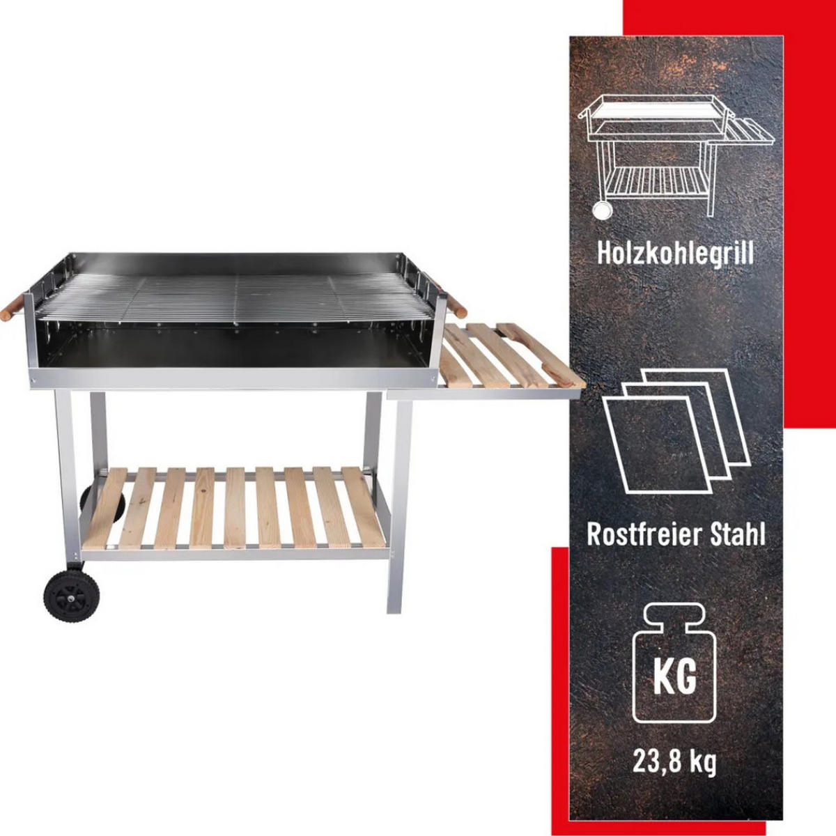 HOLZKOHLEGRILL COLLECTION, BBQ, Edelstahl, Grillwagen, 100x60 cm, Holztisch, verchromte Grillroste, höhenverstellbar, Ablagefächer, Garten - Silberfarben/Schwarz, Metall (100/85/56cm) - BBQ Collection