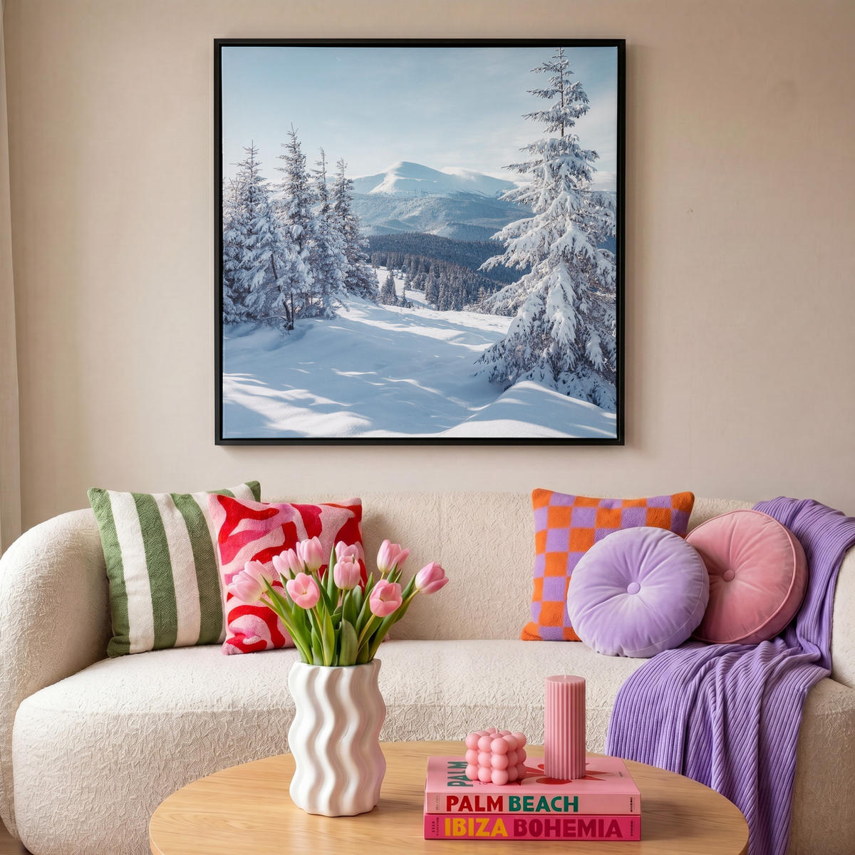 LEINWAND Bilder mit Rahmen - Winterlandschaft - Natur - Berge - Bäume - Schnee - 90x90 - Hellblau, Textil (90/90cm) - MuchoWow