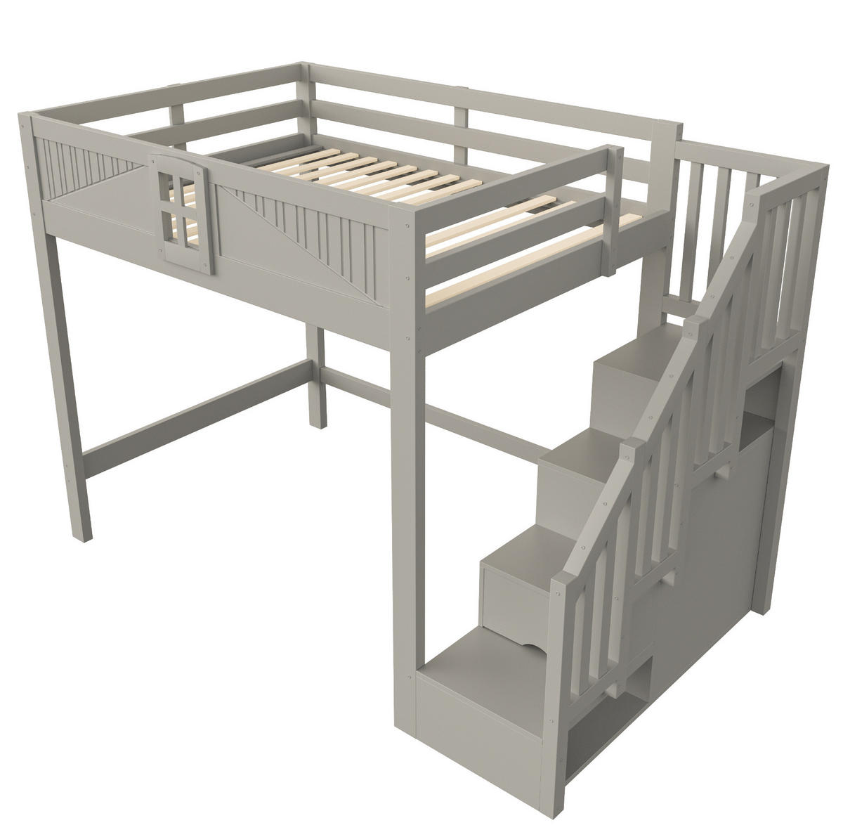 HOCHBETT aus Holz 140x200 cm Grau mit Sicherheitsgeländer, Stauraum und beidseitig montierbarer Leiter - Grau, Holz (140/200cm) - Modfu