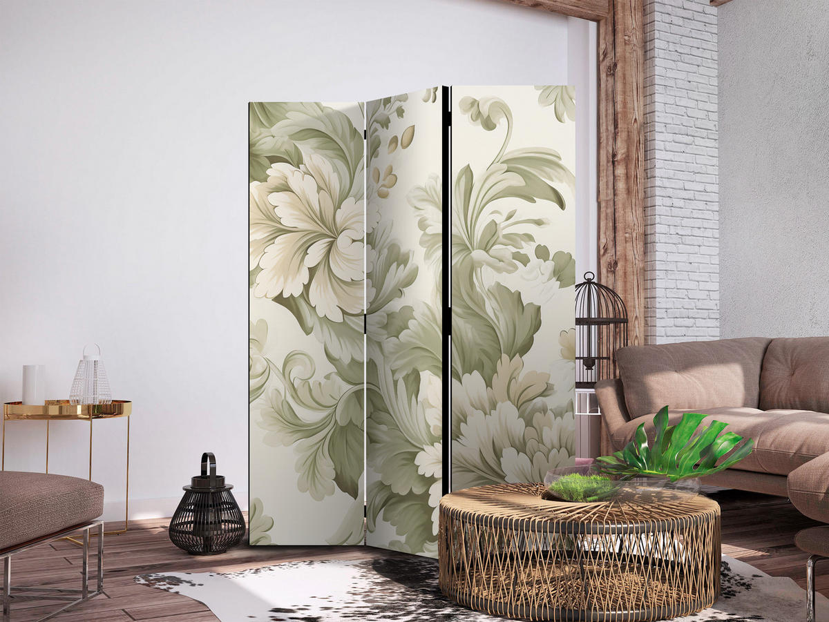 PARAVENT Beidseitig Bedruckter 3-tlg 135x172 cm Retro Pflanzen - Beige, Holz/Textil (135/172/3cm) - Muralo