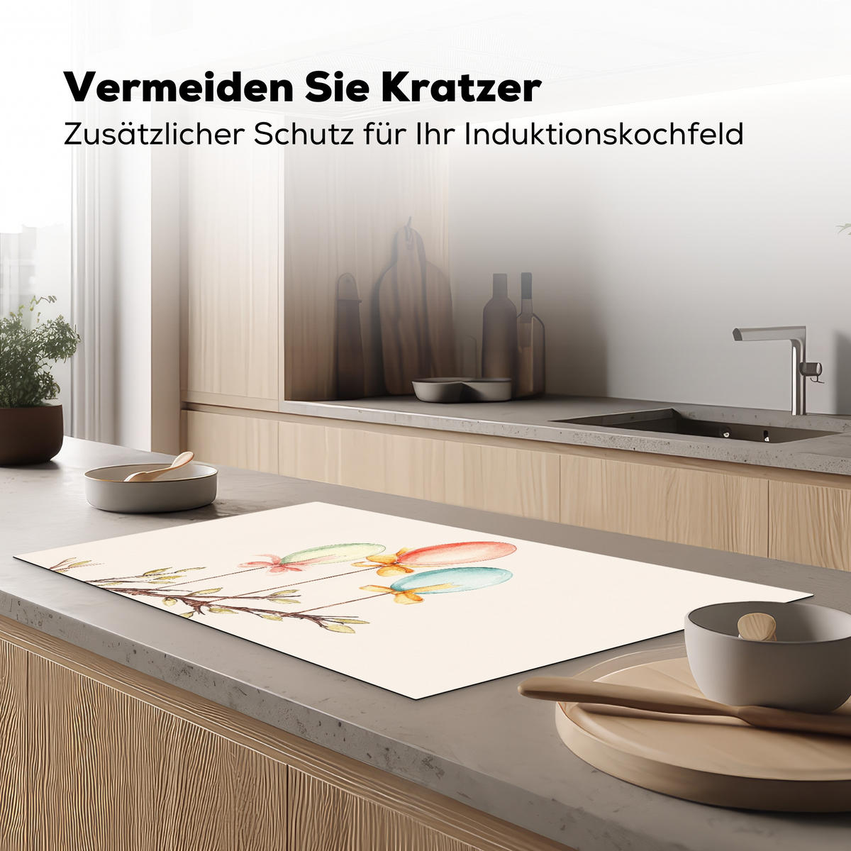HERDABDECKPLATTE Osterkuchen - Schleife - Eier Induktionsschutz 91.6x52.7 cm - Creme, Kunststoff (91.6/52.7/0.2cm) - MuchoWow