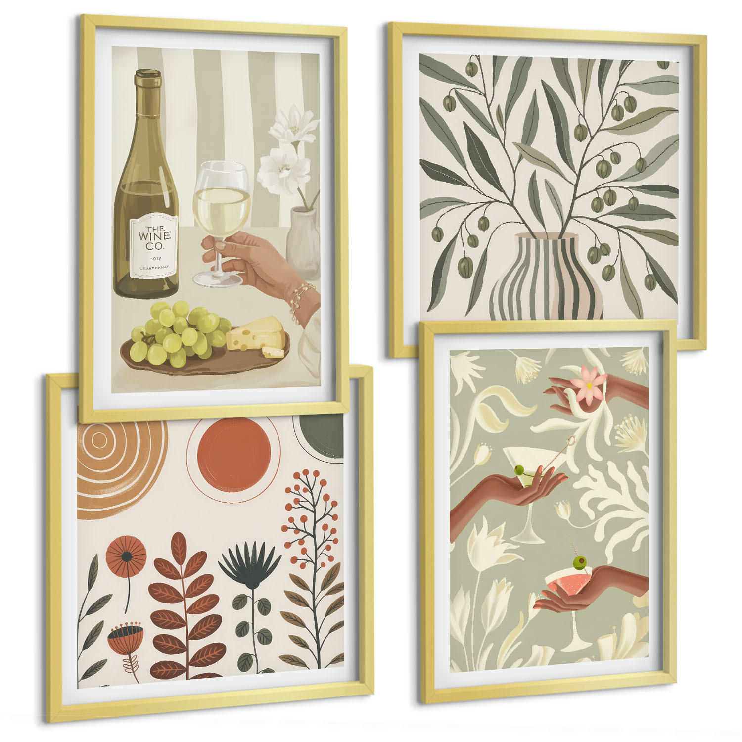 BILDER SET 4er Set - 50x50 cm & 40x60 cm Goldrahmen - Rustikale Cocktails mit Olivenblüten - Goldfarben, Kunststoff (50/50cm) - TULUP