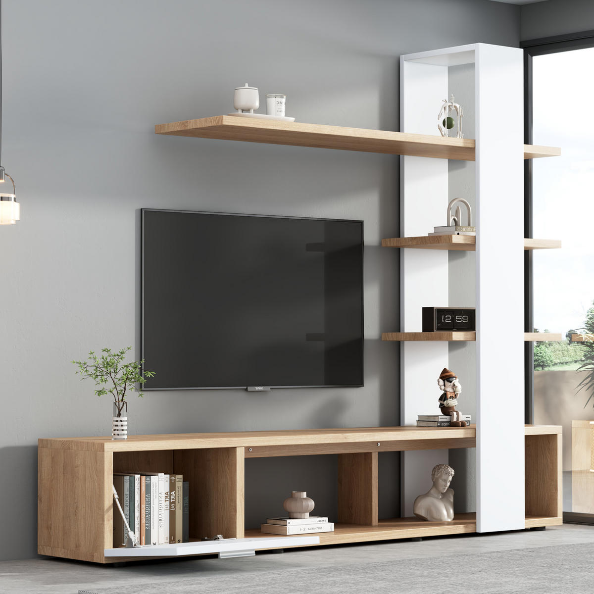 TV-WANDSCHRANK mit Regalen 180 x 33,5 x 151,5 cm Weiß/Wood - Weiß, Holzwerkstoff (33.5/151.5/180cm) - Beauniv
