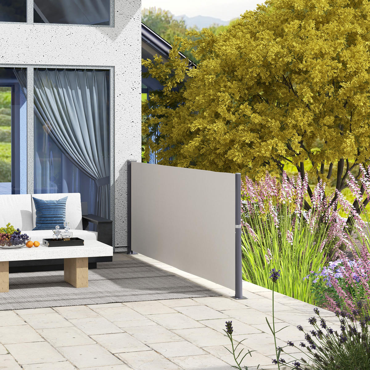 SEITENMARKISE, Hellgrau, 300L x 100H cm/300L x 140H cm, Polyesterstoff, Metall - Hellgrau, Kunststoff (3.5/100cm) - Outsunny