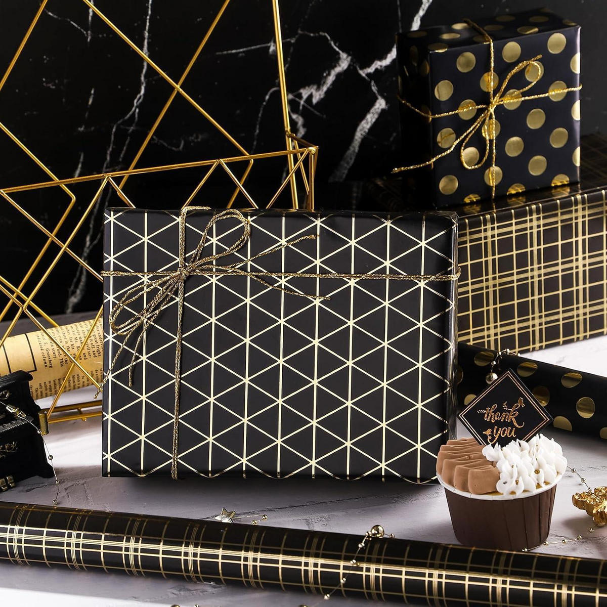 GESCHENKPAPIER 3 Rollen Metallic-Schwarz-Gold-Design 43,2 cm x 3,05 m - Multicolor, Papier (10/4/44cm)