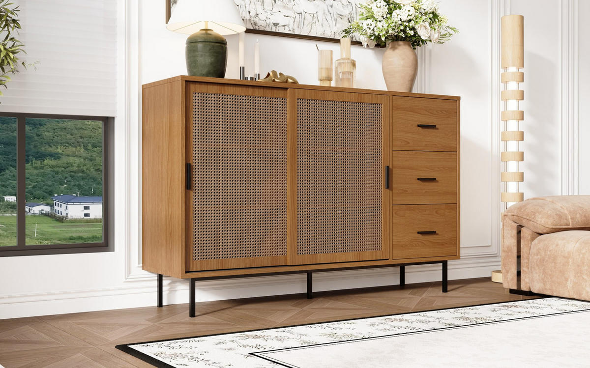 SIDEBOARD mit 2 Schiebetüren aus Rattan und 3 Schubladen, Natur, Spanplatte, 140/37/91 cm, Natur - Naturfarben, Holzwerkstoff (140/91/37cm) - Redom