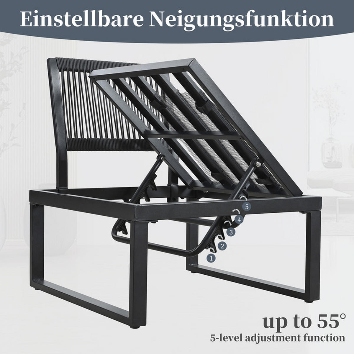 GARTEN-ESSGRUPPE GRAU mit 5-stufig verstellbarer Lehne und Kunststoff-Holz-Tisch - Grau, Textil - BLACKCUP