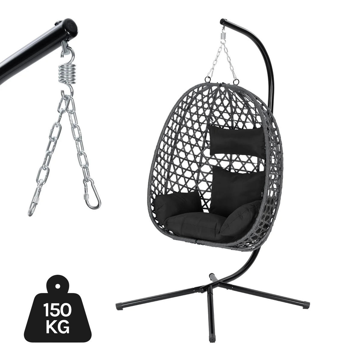 HÄNGESESSEL mit Ständer Kissen Kopfstütze Schaukelstuhl - Schwarz, Metall (105/195/105cm) - Kaket