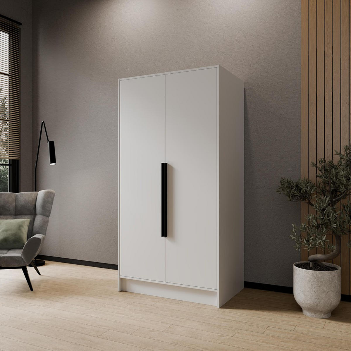 DREHTÜRENSCHRANK Pavia ohne Spiegel, Weiß mit mit schwarzen Griffen, 100 cm - Weiß, Holzwerkstoff (100/200/51cm) - Beautysofa