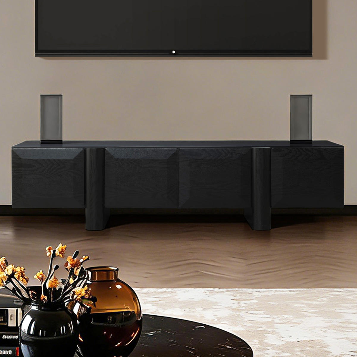 TV-SCHRANK Modern, Schwarz - Breites Lowboard mit 4 Einzel-Schubladen & doppeltem Staufach, MDF TV Board | 160x40x40 cm - Schwarz, Holz (160/40/40cm) - Hometopia