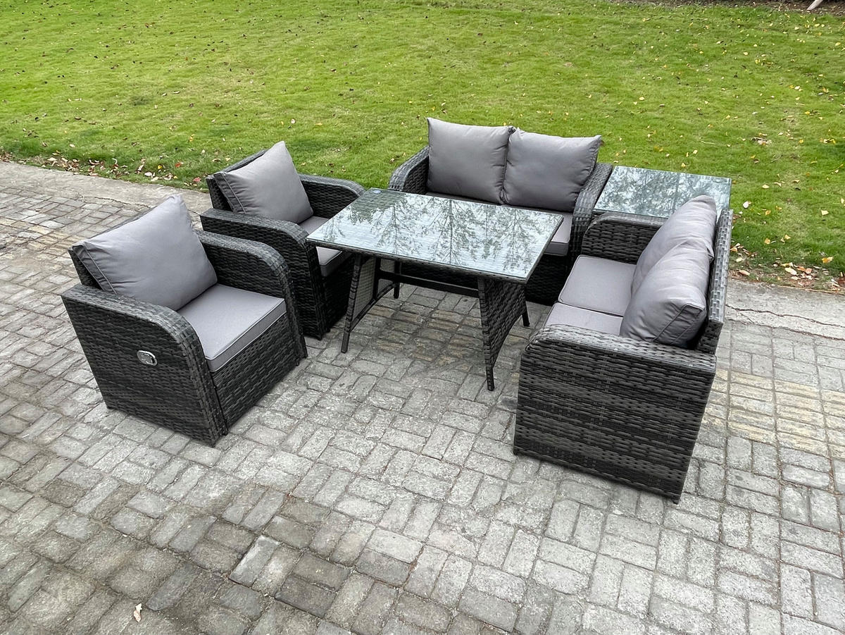 BALKONSET mit ESSTISCH SOFA Polyrattan Dunkelgrau 6-Sitzer - Dunkelgrau/Grau, Glas/Kunststoff - Fimous
