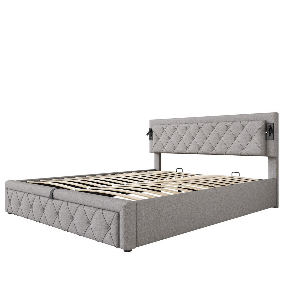 POLSTERBETT 180x200 cm in Grau Leinen mit Downlight & USB-Schnittstelle - Grau, Holz/Textil (180/200cm) - KOMHTOM