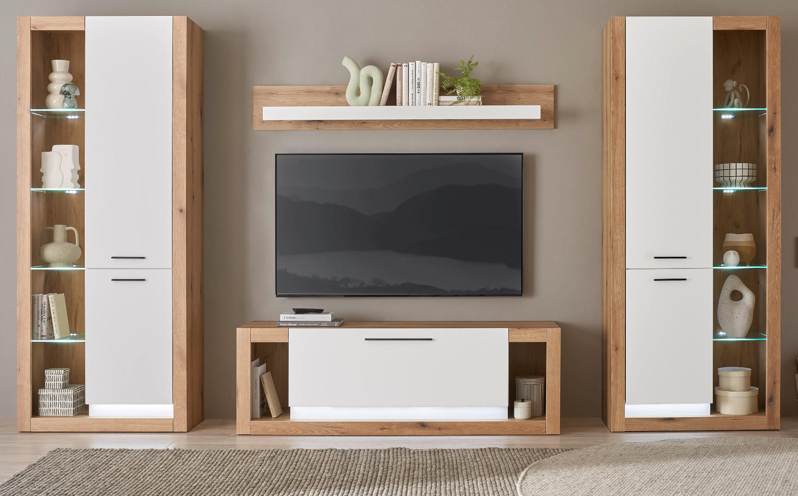 Thumbnail - Furn.Design Wohnwand, Weiß, Eiche, Kunststoff, Nachbildung,Eiche, Uni, 16 Fächer, Rechteckig, 350x195x43 cm, FSC Mix, Wo...