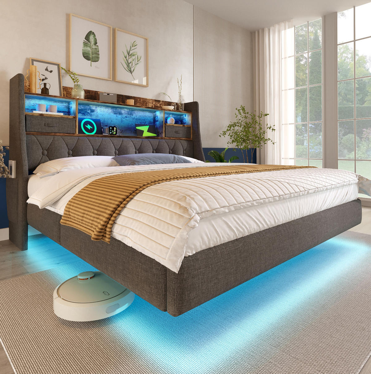 BETT mit LED und Ladeanschlüssen 140x190 cm Leinen Grau - Grau, Metall (140/190cm) - Meubliv