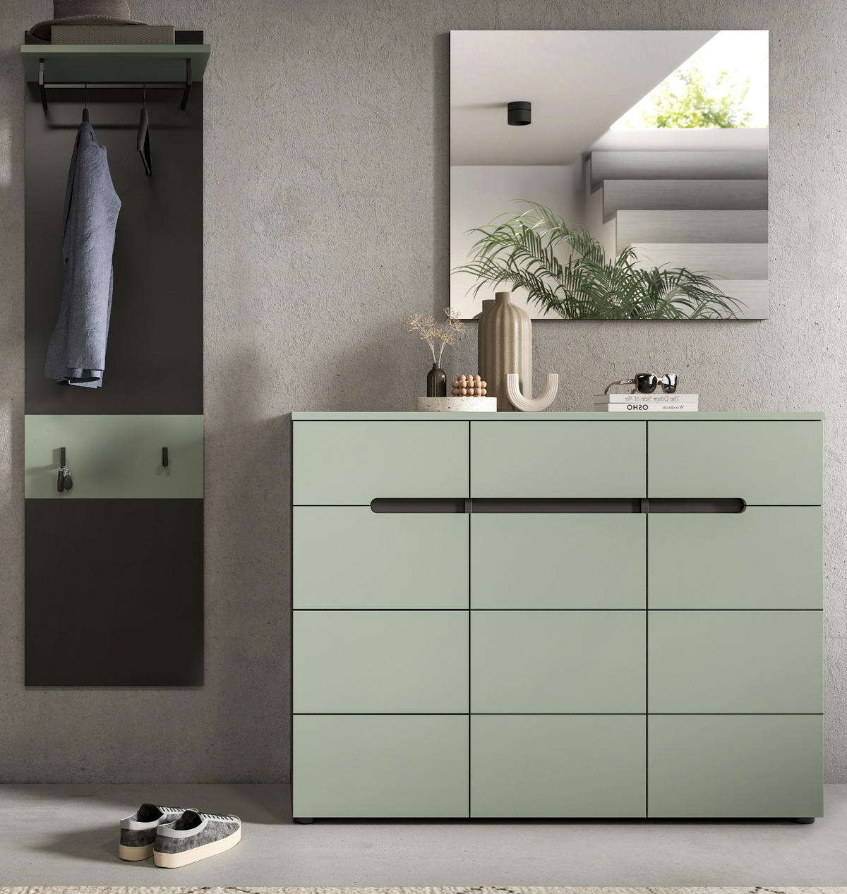 GARDEROBE-SET Salbei und grau, Garderobe 3-teilig, 180 x 190 cm, Soft-Close, Cooper - Salbeigrün/Dunkelgrau, Holzwerkstoff/Kunststoff (180/190/37cm) - Inn.Furn