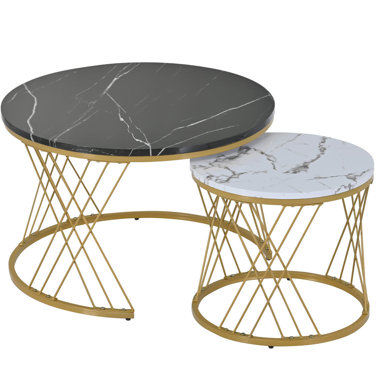 COUCHTISCH Set 2-teilig rund Marmoroptik Gold/Weiß - Schwarz/Weiß, Holzwerkstoff (70/70/45cm)