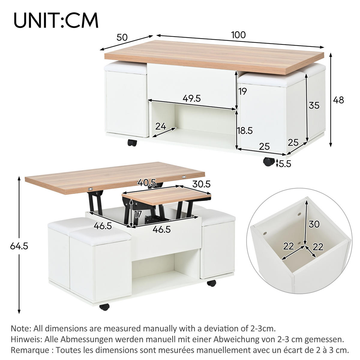 COUCHTISCH DE-37089 mit Lift-Top und 4 Hockern Weiß/Natur - Weiß, Holzwerkstoff (100/100/63.5cm) - ComfortXL