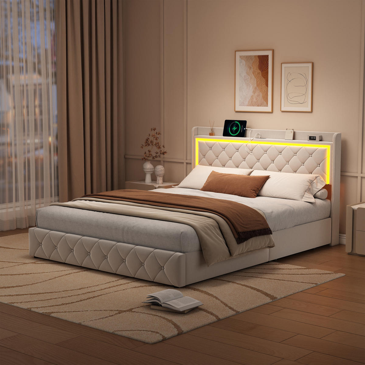 POLSTERBETT 140x200cm Funktionsbett mit LED-Beleuchtung und Stauraum – Samt Beige - Beige, Textil (140/200cm) - DELFA