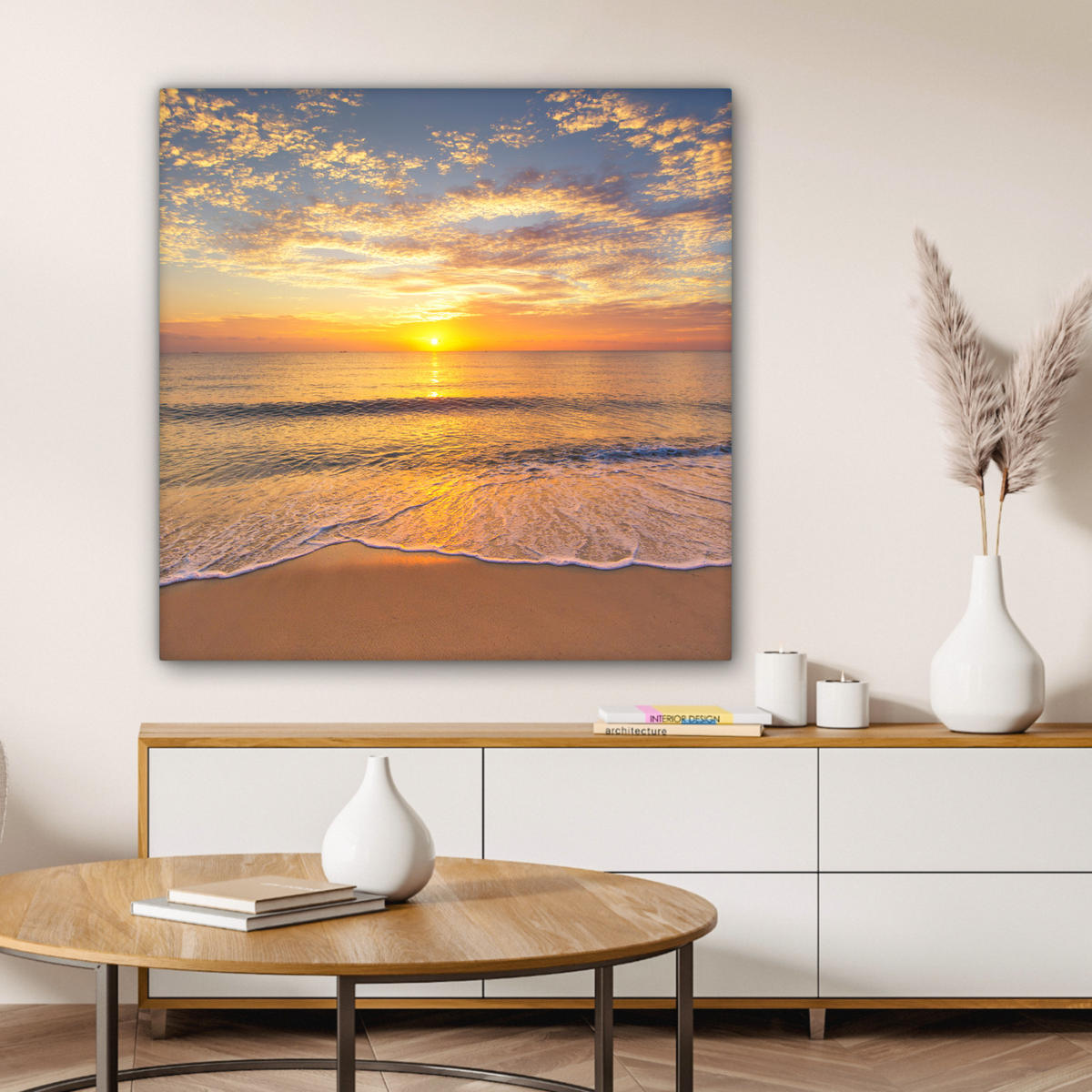 LEINWANDBILD Strand - Sonnenuntergang - Meer Deko Groß 90x90 cm - Gelb, Textil (90/90cm) - MuchoWow