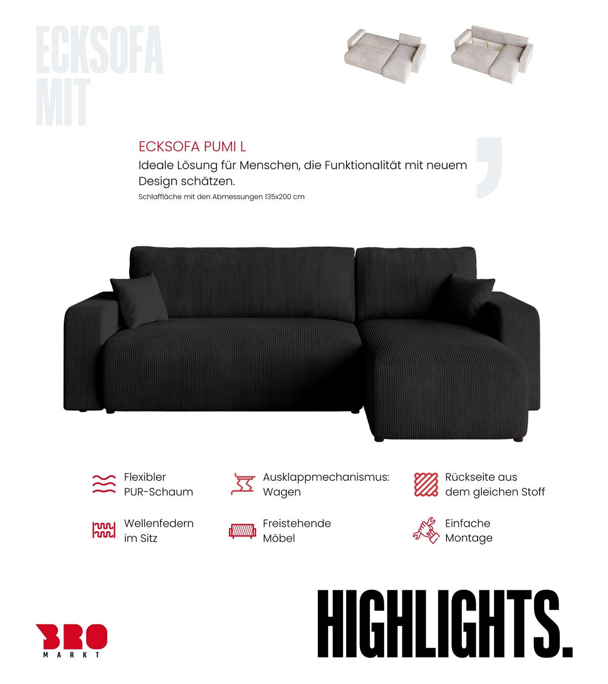 ECKSOFA PUMI mit Schlaffunktion Schwarz Cord - Schwarz, Textil (244/148cm) - Bromarkt