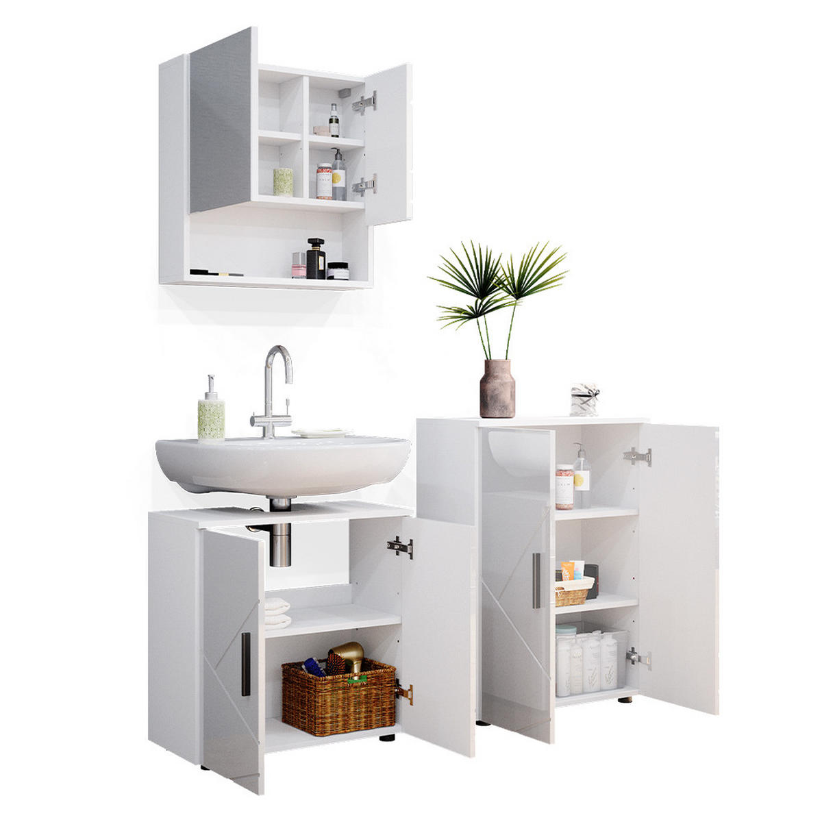 BADMÖBEL-SET Irma Weiß Hochglanz 3 Teile, mit Unterschrank 60 cm - Weiß Hochglanz/Weiß, Holzwerkstoff (80/58.6/41cm) - Vicco