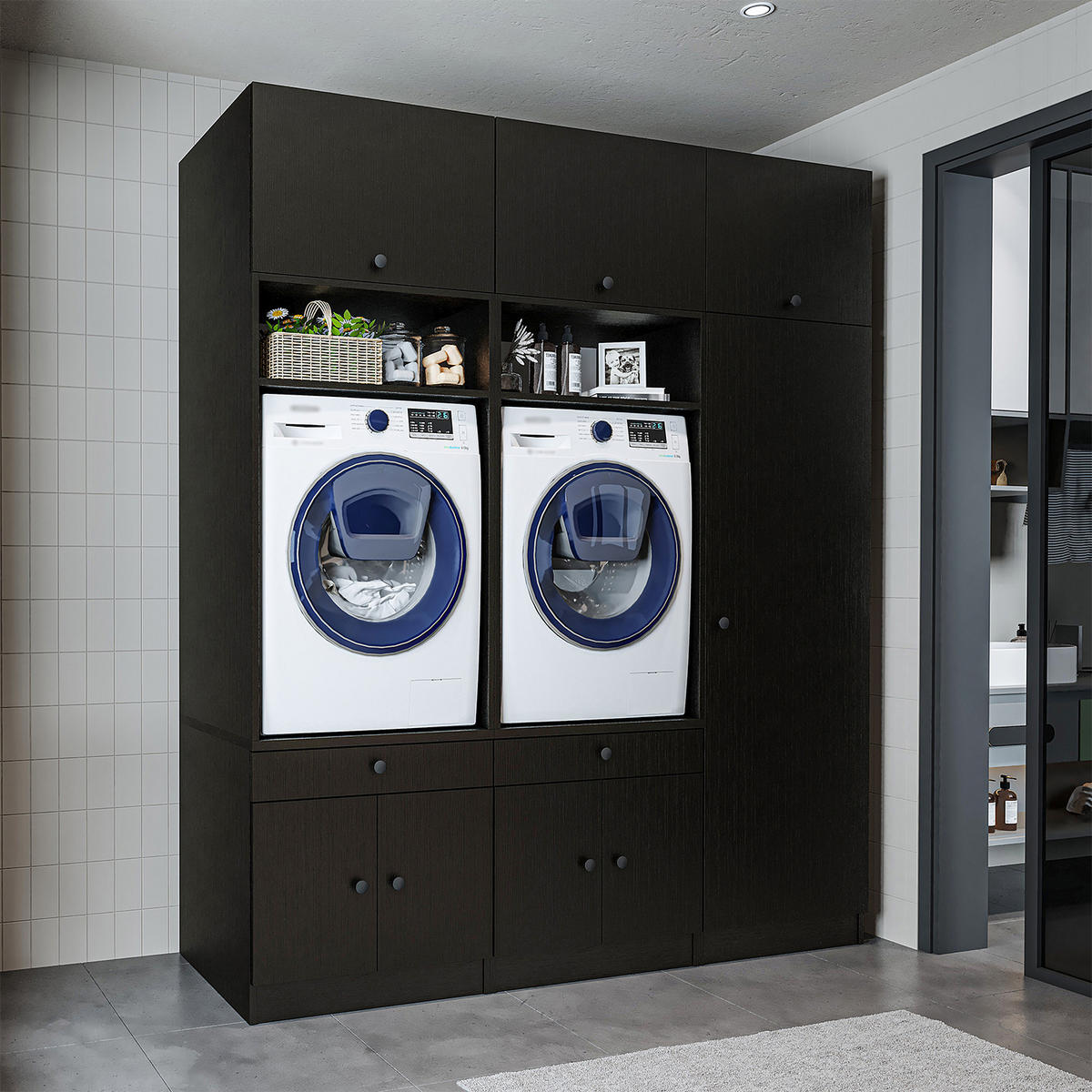 WASCHMASCHINENSCHRANK Serie 1 194cm Breit, 230cm Hoch - Schwarz, Holzwerkstoff (194/230/67cm)