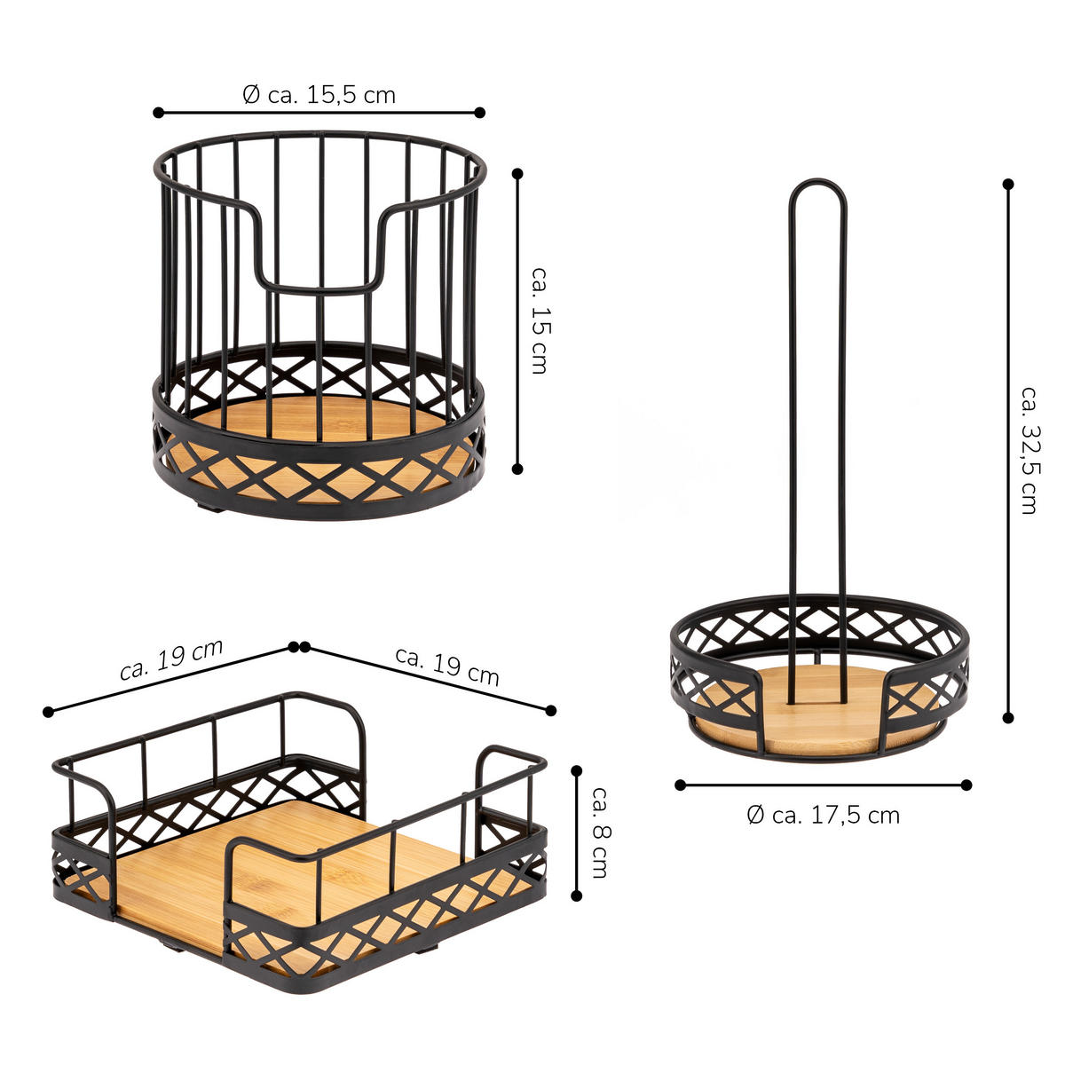 KÜCHENUTENSILIEN 3er Set, Metall, Bambus, schwarz - Schwarz, Metall (19/8/19cm) - bremermann
