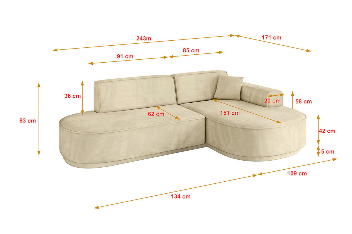 ECKSOFA Ottomane Rechts MARI-L1-v3 - 243x171x83 cm Beige Velours - Beige/Schwarz, Holzwerkstoff/Kunststoff (171/243cm) - ALTDECOR