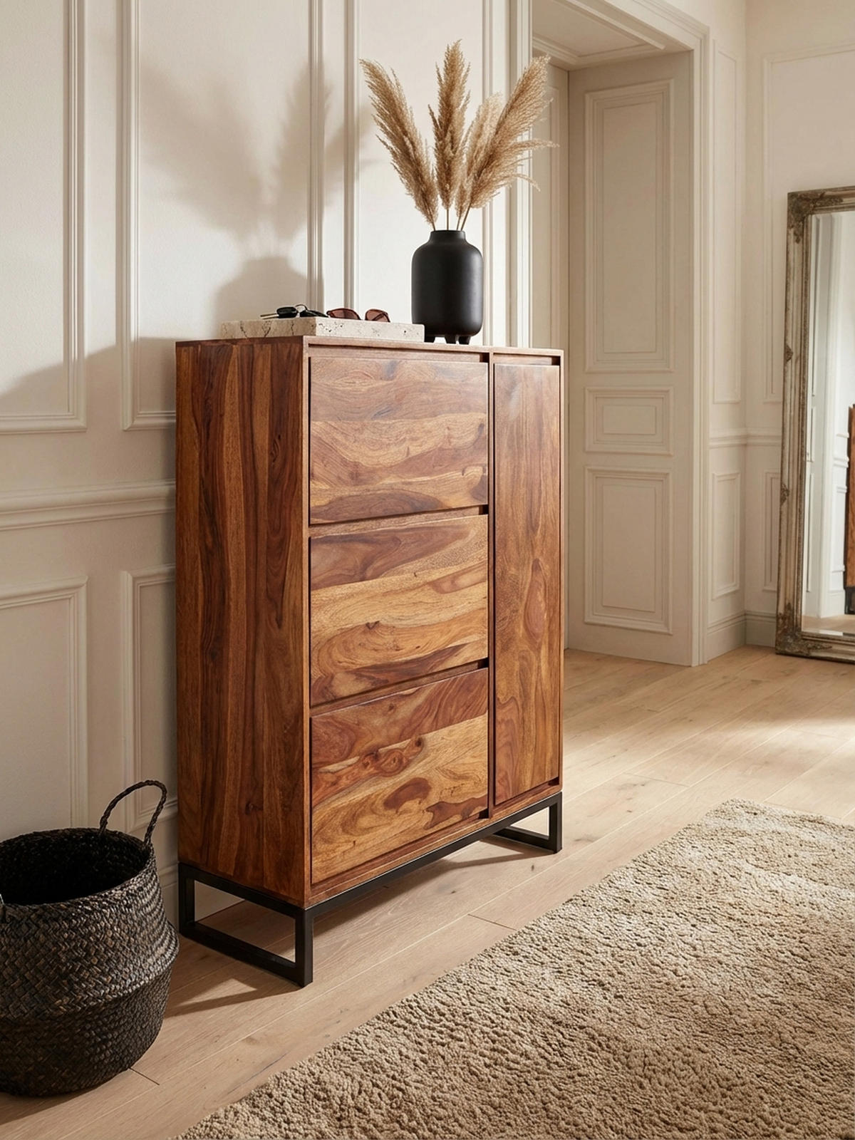 SCHUHSCHRANK – Massivholz, 88x40x120 cm, geschlossen, stilvolles Design - Schwarz/Braun, Holz/Metall (88/120/40cm) - KADIMA DESIGN