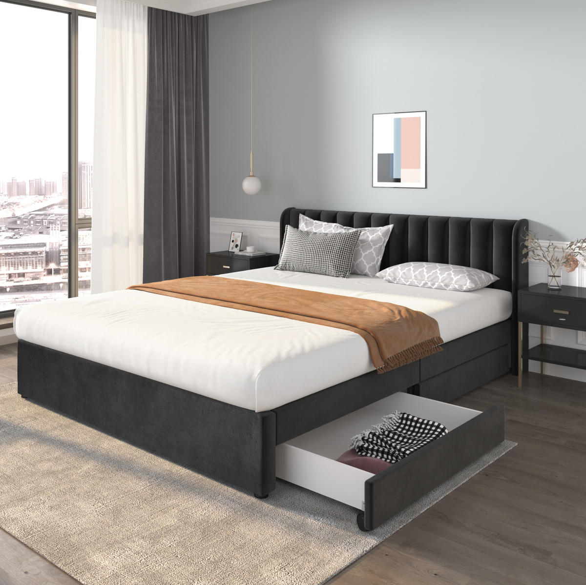 POLNJENA postelja iz žameta 180x200 cm črna z letvenim dnom in 2 predaloma - črna, tekstil (180/200cm) - Modfu