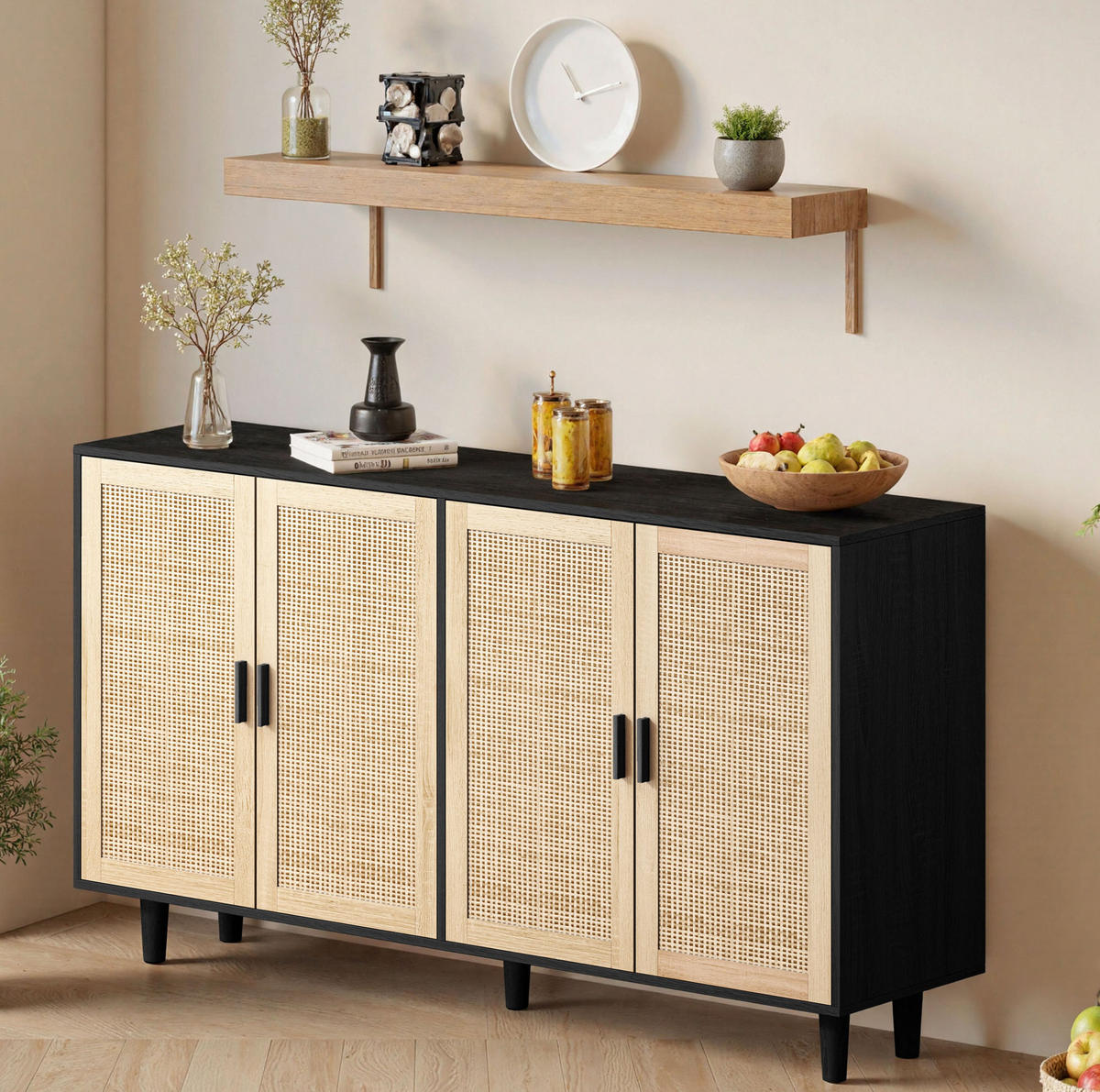 SIDEBOARD 158/40/88 cm mit 4 Rattantüren in Schwarz & viel Stauraum - Schwarz, Holzwerkstoff (158/88/40cm) - BEAOK