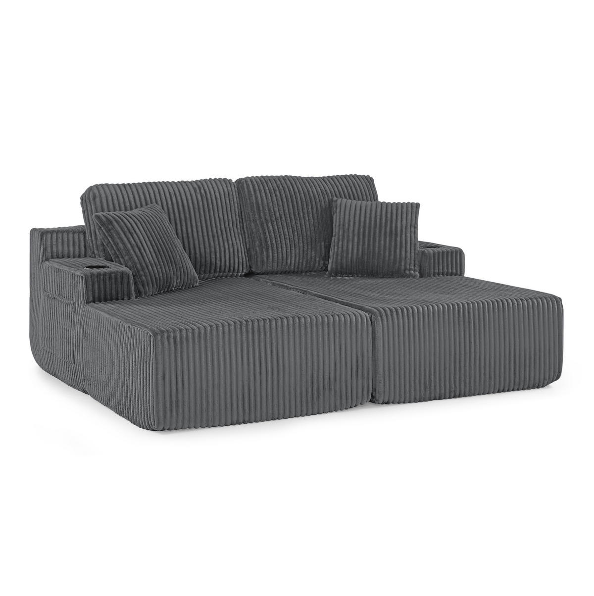 SCHLAFSOFA aus Kordstoff und Schaumstoff Grau mit Getränkehalter, Seitentasche und abnehmbaren Kissen - Grau, Kunststoff (186/78/154cm) - Modfu