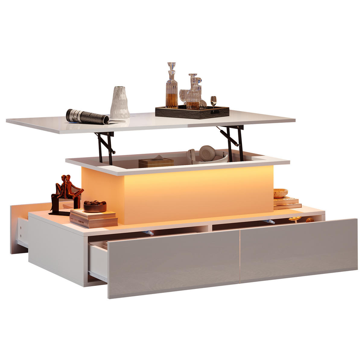 COUCHTISCH 90/55/41 cm mit LED-Beleuchtung, ausziehbarer Tischplatte und 4 Schubladen aus Spanplatte, Weiß - Weiß, Holzwerkstoff (90/55/41cm) - Redom