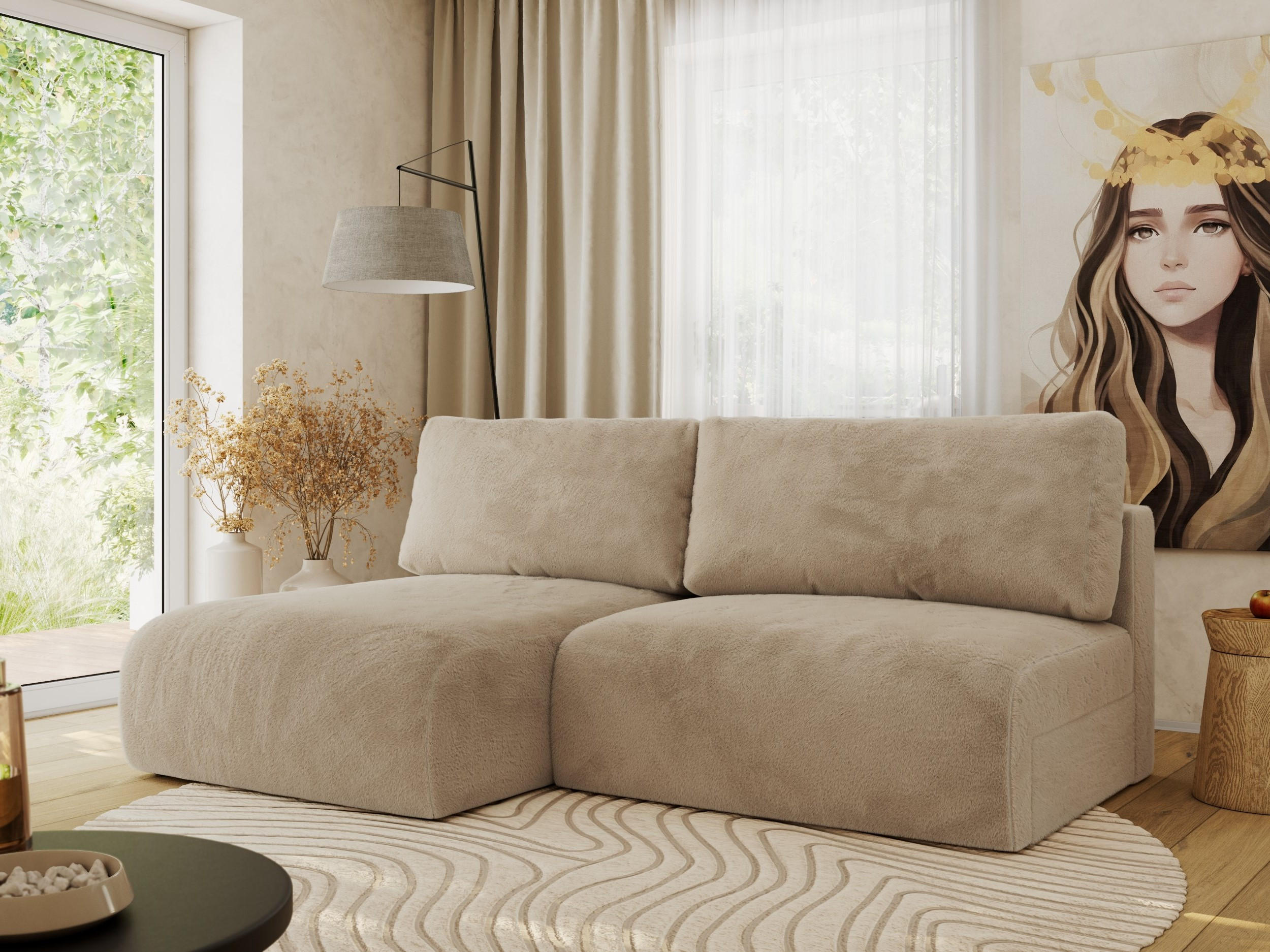 ECKSCHLAFSOFA VIVO L Beige Plüsch - links - Beige/Schwarz, Kunststoff/Textil (223/150cm) - MKS