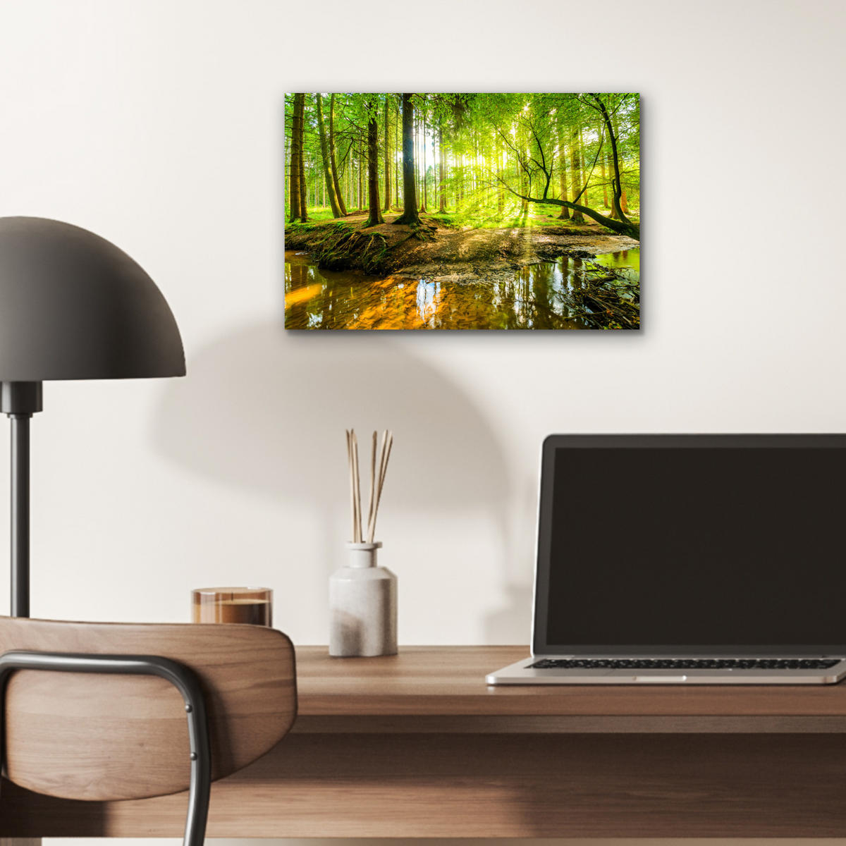 METALLBILD Wald - Landschaft - Wasser - Bäume - Sonne - Grün - Natur 30x20 cm - Grün, Metall (30/20cm) - MuchoWow