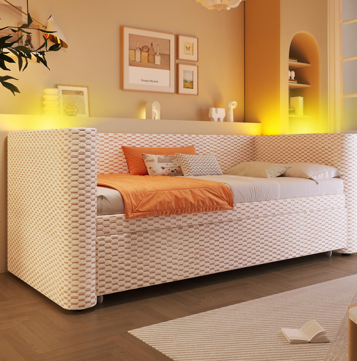 POLSTERBETT 90/200 cm mit Ausziehfunktion, LED-Beleuchtung und Samtbezug, Beige - Beige, Textil (90/200cm) - Redom
